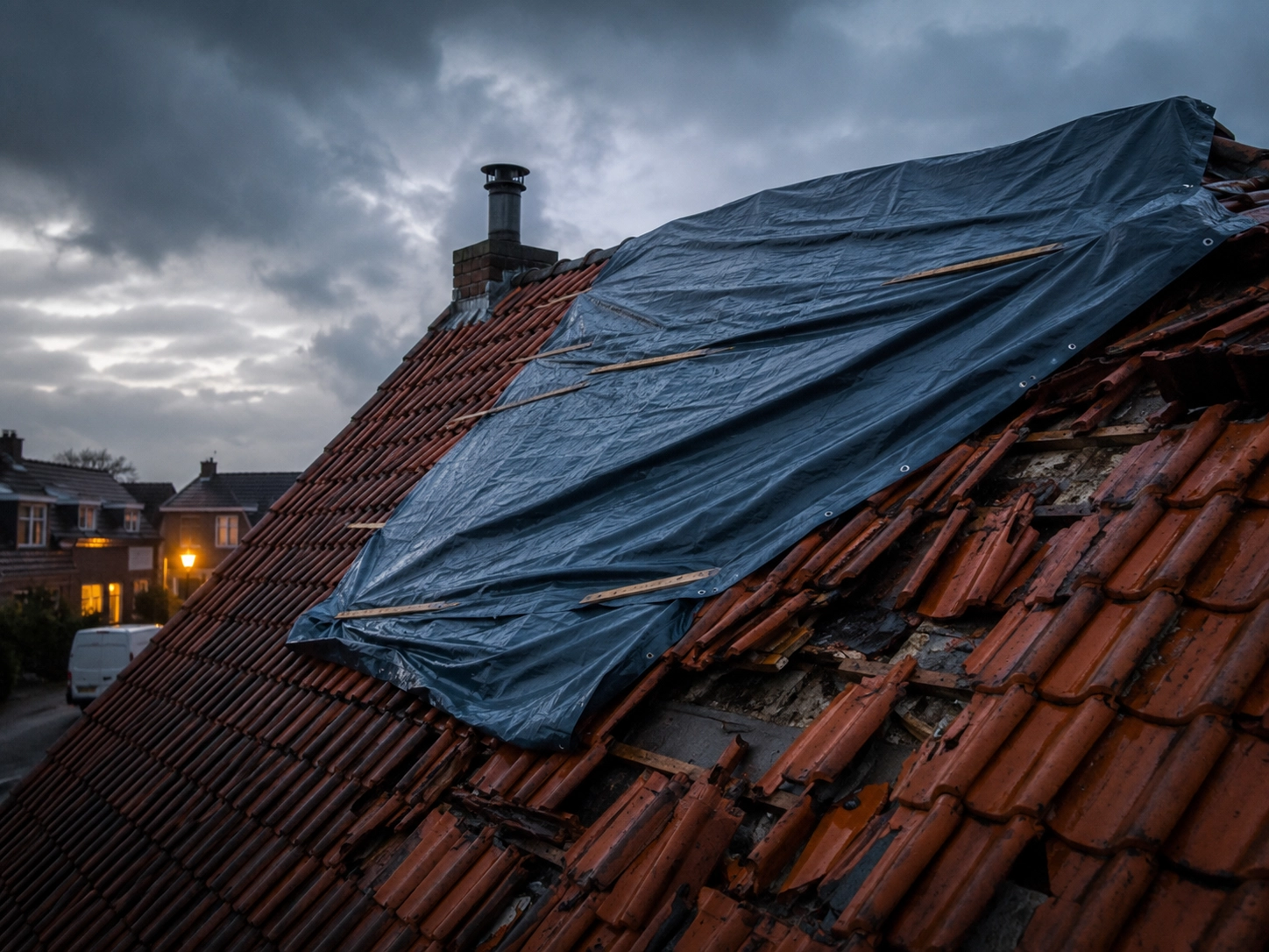 Beschadigd pannendak met een groot blauw afdekzeil als tijdelijke bescherming