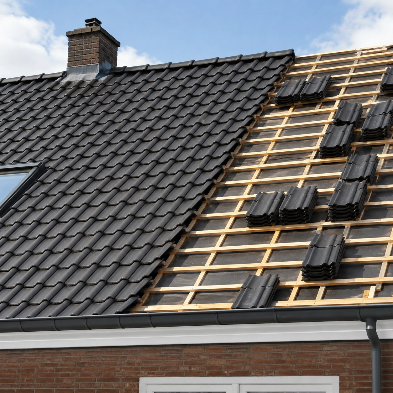 Pannendak waarvan een dakvlak wordt voorzien van nieuwe dakpannen