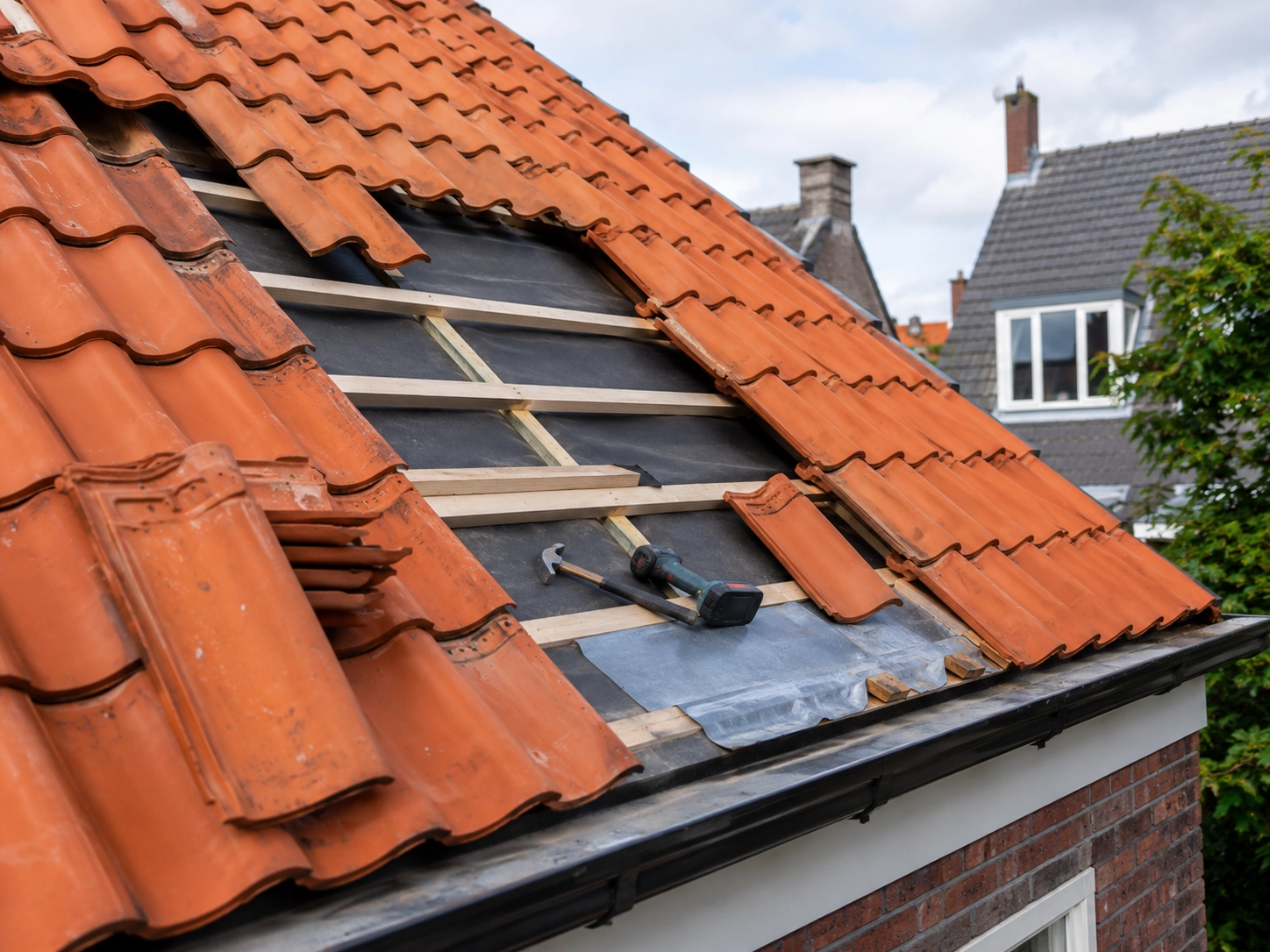 Opengelegd pannendak met gereedschap, panlatten en vervangende dakpannen