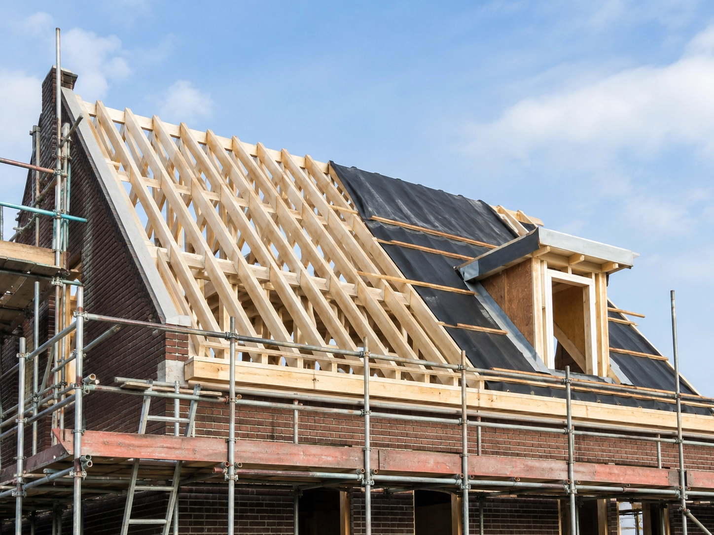 Nieuwe dakconstructie met houten spanten, onderdakfolie en steiger