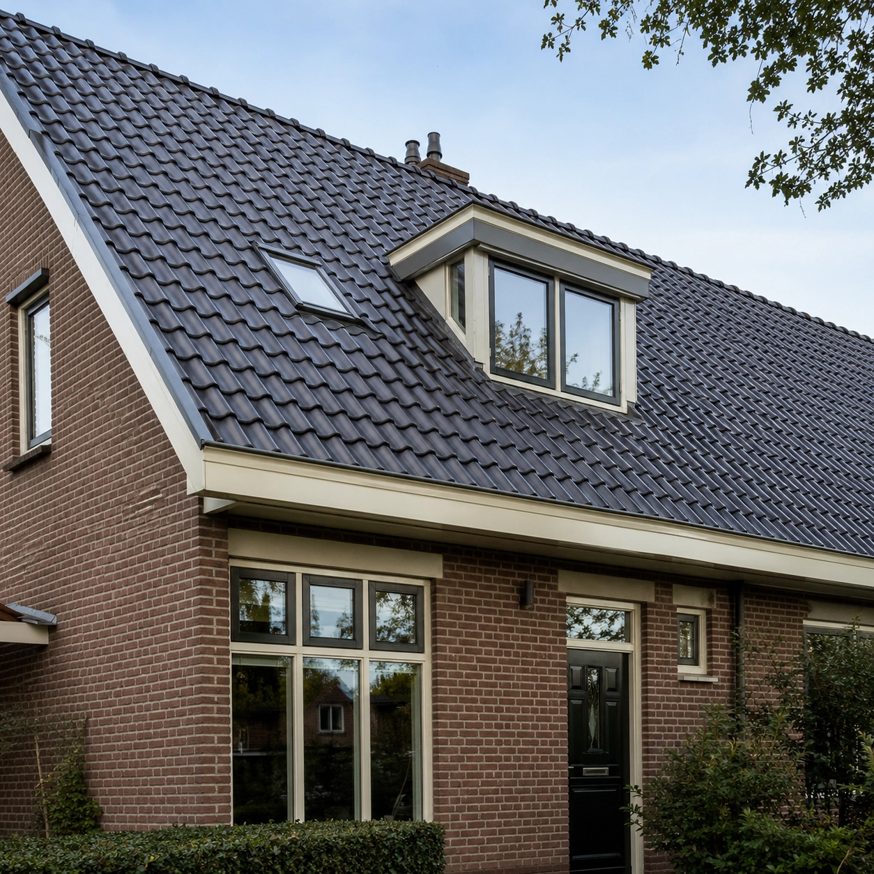 Donker pannendak met dakraam en dakkapel op een bakstenen woning
