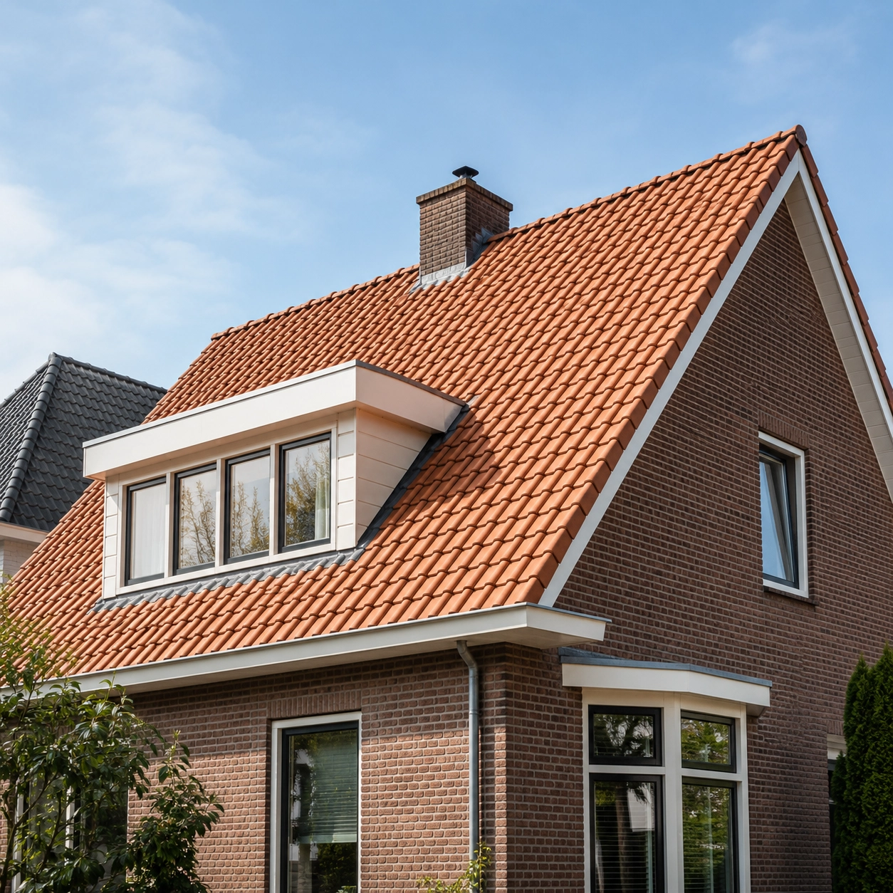 Rood pannendak met brede dakkapel en schoorsteen