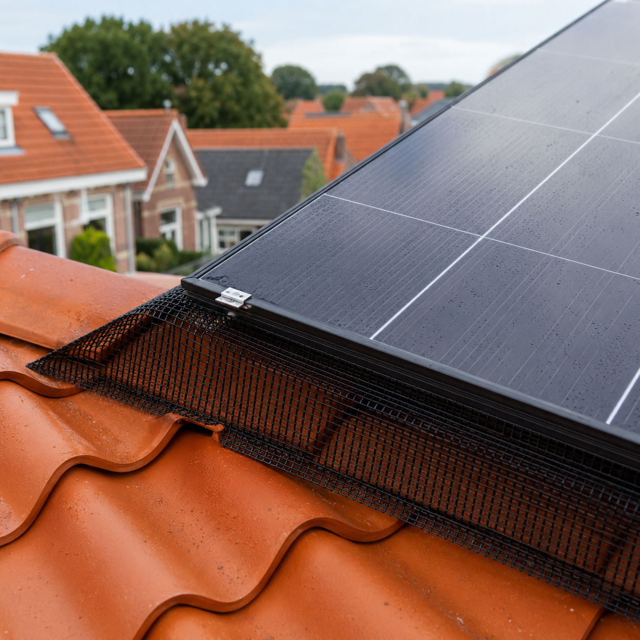 Vogelweringsgaas onder zonnepanelen en langs de dakrand van een pannendak
